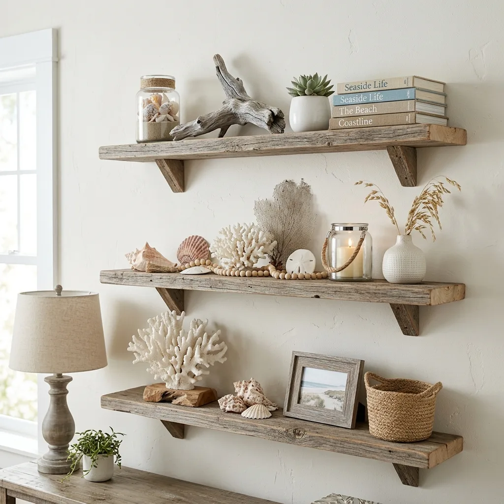 Floating shelves styled with driftwood and seashells